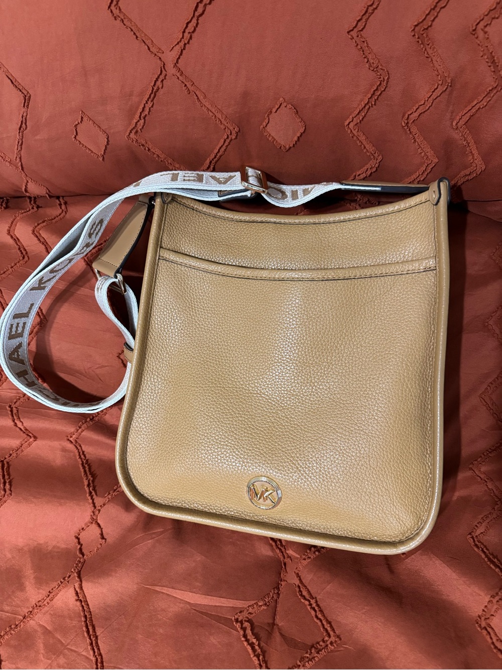 Michael Kors Pebbled Tan Leather Crossbody with Branded Strap